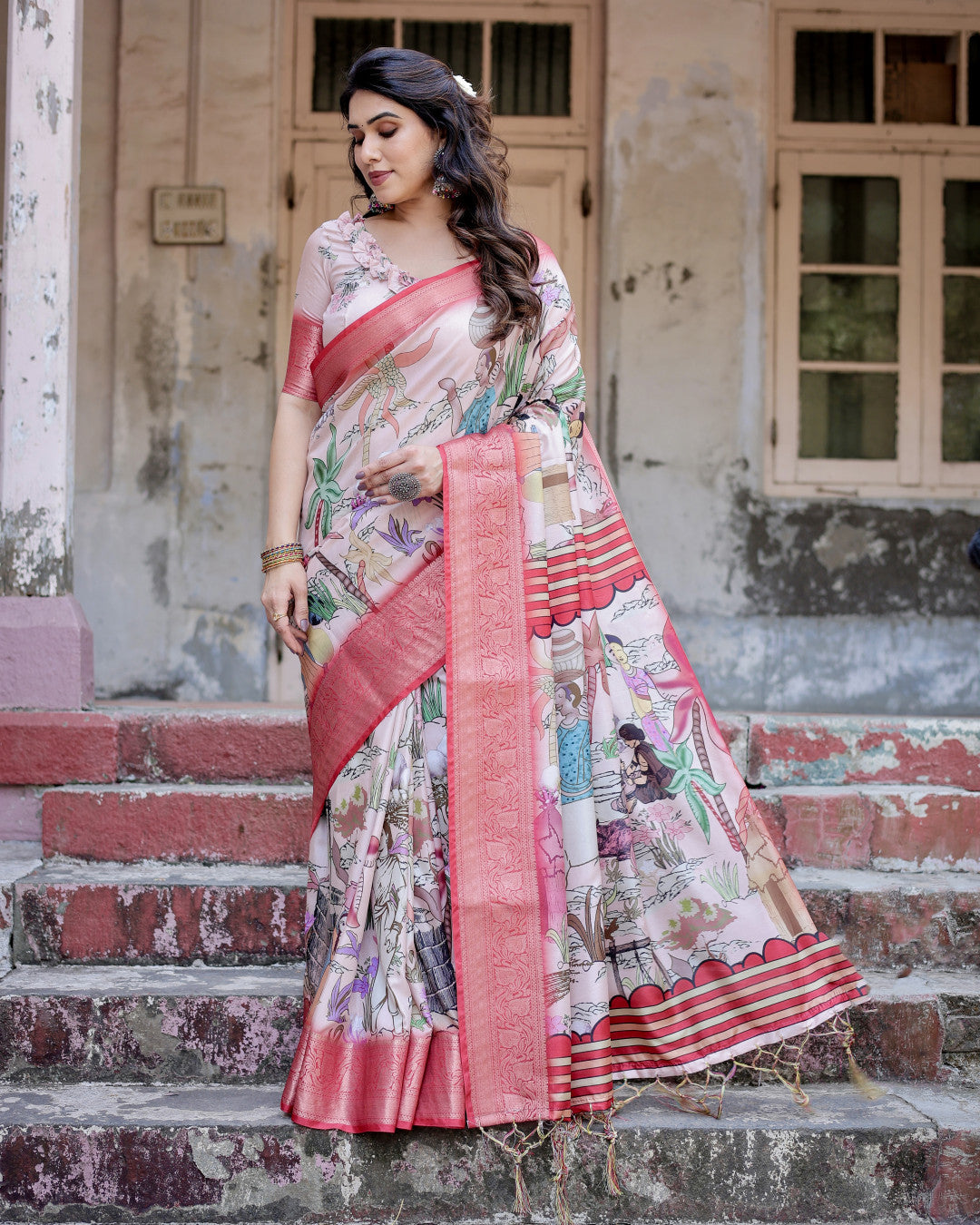 Multi Color Tussar Silk Saree With Digital Kalamkari Print & Zari Motif Border | Casual & Festive Wear – JaipurSaaj