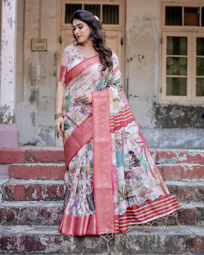 Multi Color Tussar Silk Saree With Digital Kalamkari Print & Zari Motif Border | Casual & Festive Wear – JaipurSaaj