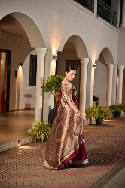Maroon Khadi Raw Silk Saree With Beautiful Madhubani Printed Pallu | Party & Wedding Wear – JaipurSaaj