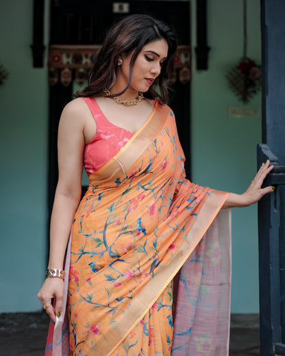 Peach Floral Digital Printed Linen Cotton Saree