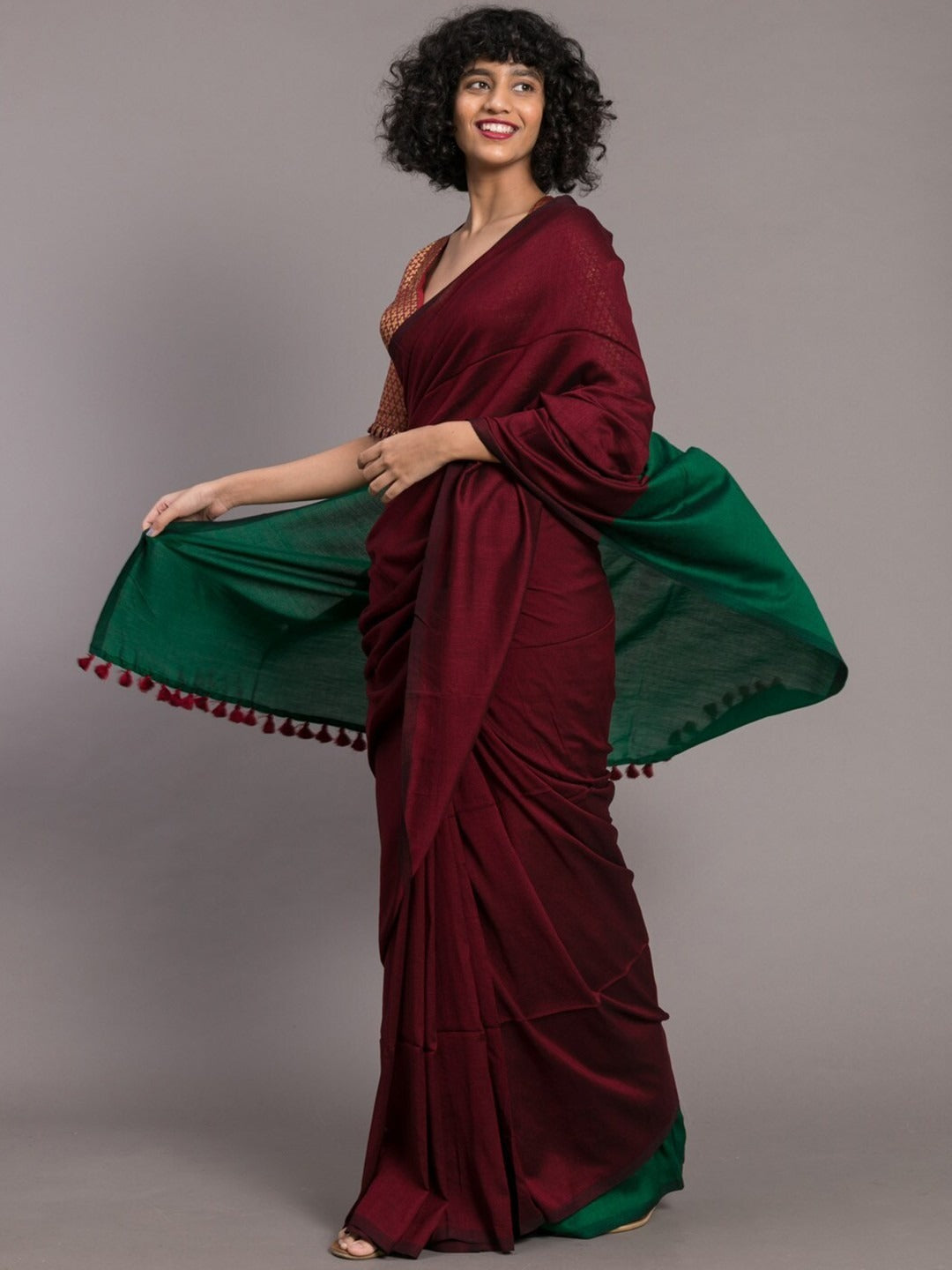 Maroon Color Plain Khadi Cotton Saree With Fancy Tassel Work