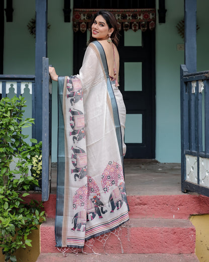 Off White Floral Digital Printed Linen Cotton Saree