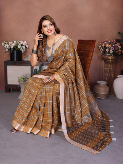 Beige Linen Cotton Saree With Silver Zari Border
