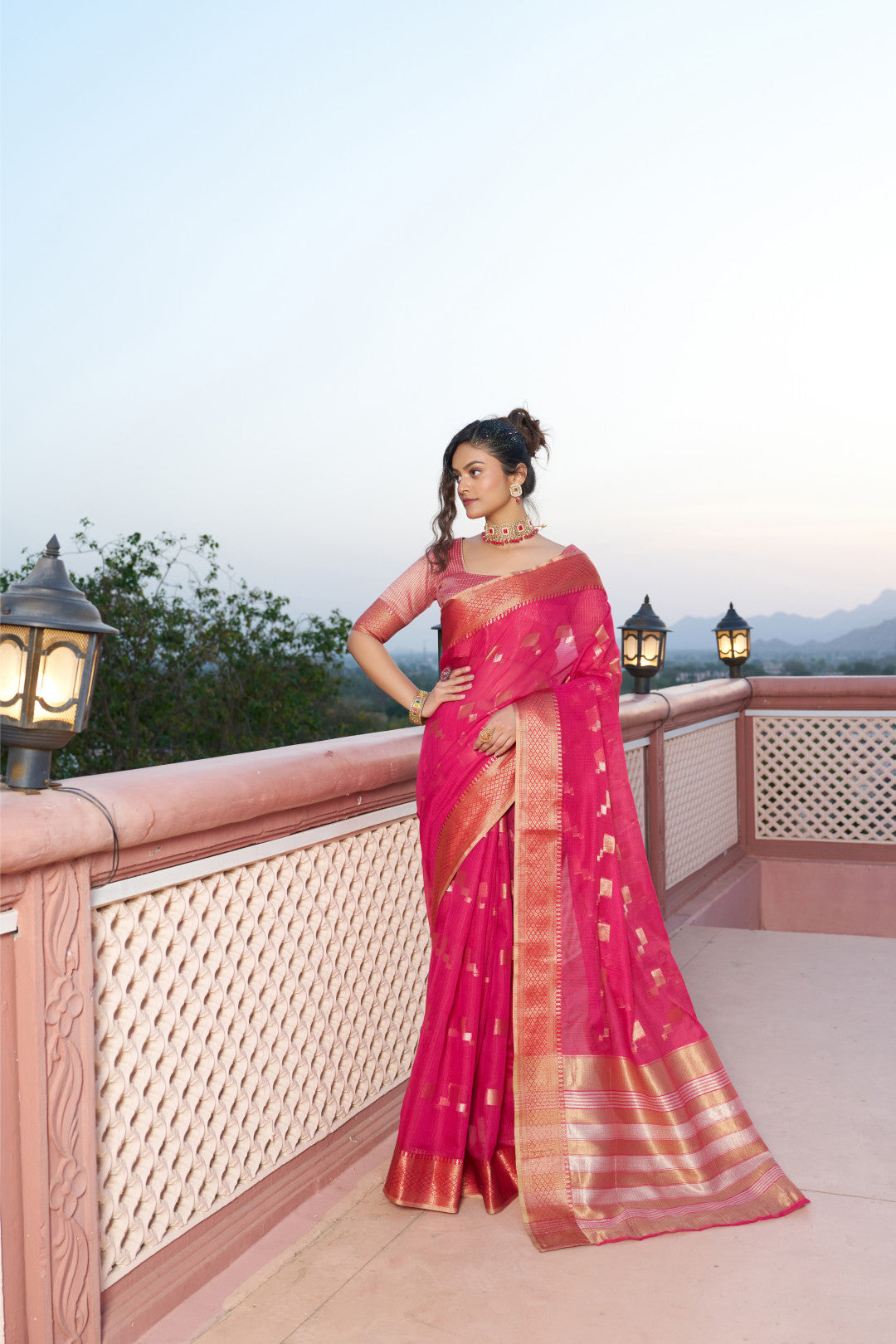 Rani Pink Kota Doriya Saree With Zari Weaving Work | Party & Festive Wear – JaipurSaaj