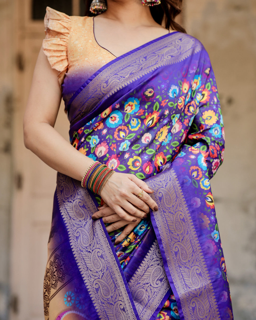 Multi Kalamakari Floral Printed Tussar Silk Saree With Zari Motif Border | Festive Ethnic Wear – JaipurSaaj