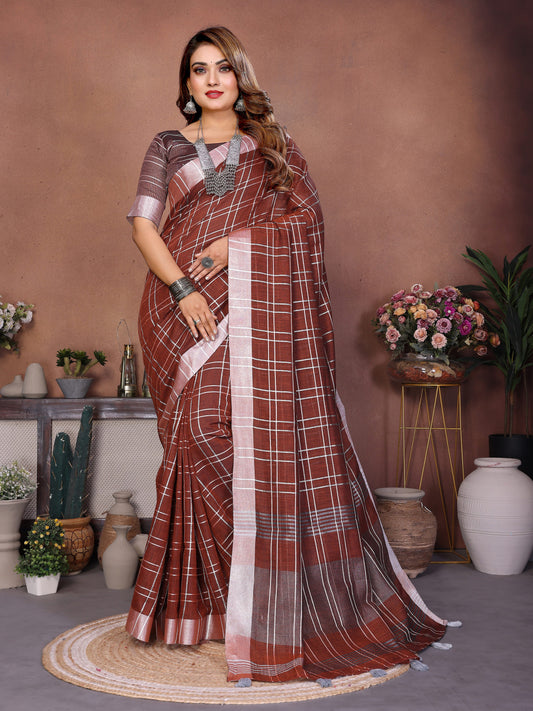 Maroon Linen Cotton Saree With Silver Zari Border
