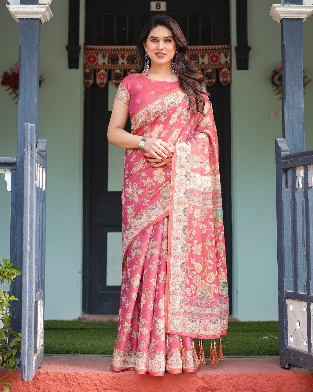 Gajari Soft Linen Cotton Saree With Kalamkari Printed Work