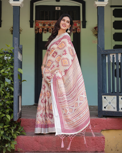 Multi Color Digital Printed Linen Cotton Saree | Summer Special Casual & Office Wear – JaipurSaaj