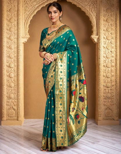 Traditional Rama Green Paithani Silk Saree With Zari Weaving Work
