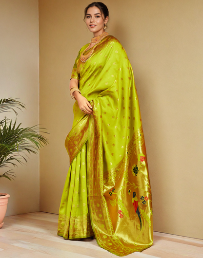 Traditional Parrot Green Paithani Silk Saree With Zari Weaving Work