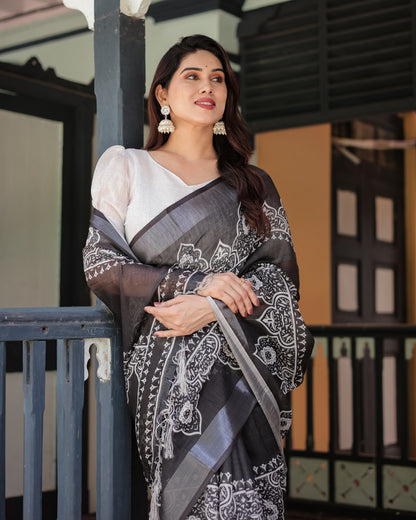 Black Summer Special Digital Printed Linen Cotton Saree