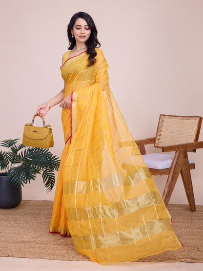 Yellow Kota Doriya Saree With Zari Weaving Work