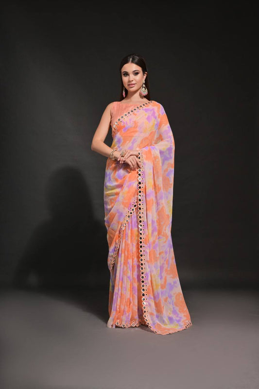 Orange Chiffon Silk Saree with Prism Print & Foil Mirror Work Border | Designer Party Wear – JaipurSaaj