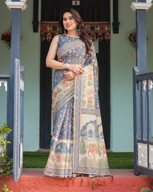 Blue Soft Linen Cotton Saree With Kalamkari Printed Work