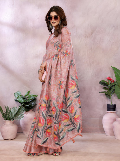 Peach Linen Cotton Saree With Digital Printed Work And Silver Zari Border