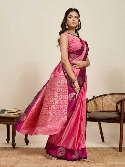 Pink Soft Silk Saree With Silver Banarasi Zari Weaving Work | Festive Wear – JaipurSaaj