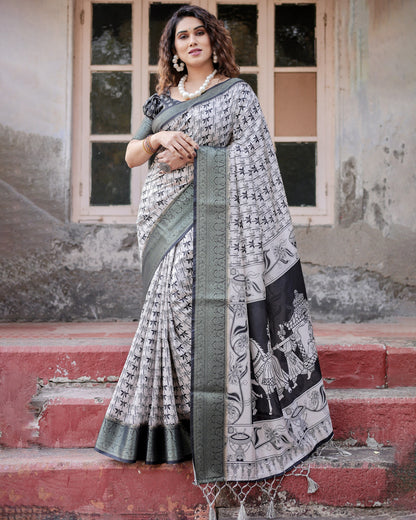 Black Digital Printed Tussar Silk Saree With Zari Motif Border | Traditional Festive Ethnic Wear – JaipurSaaj