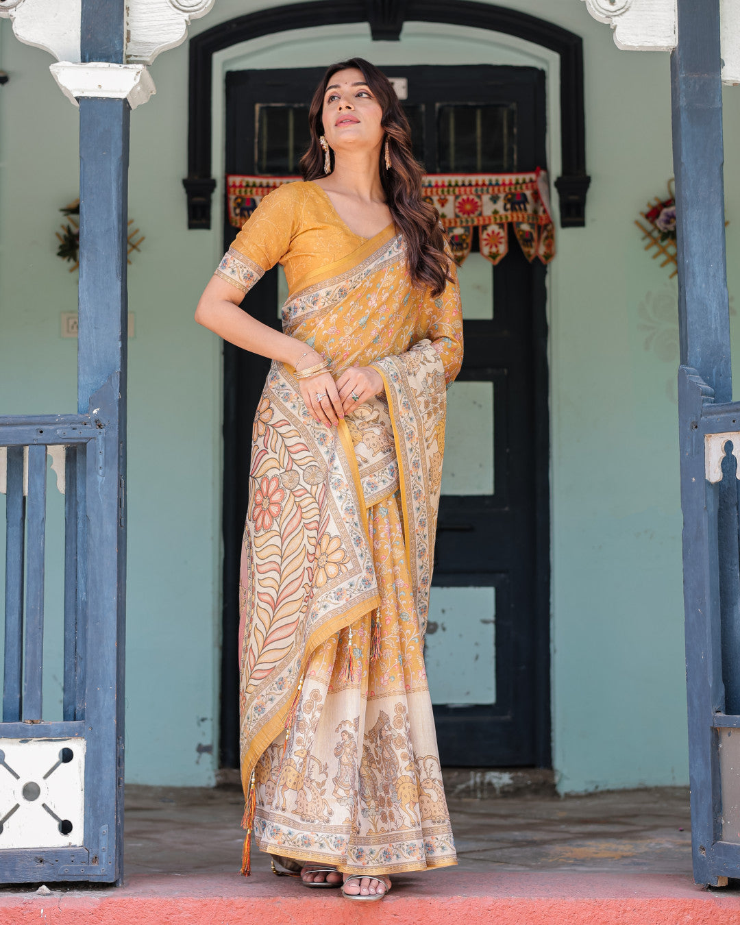 Mustard Yellow Kalamkari Digital Printed Linen Cotton Saree | Summer Casual & Ethnic Wear – JaipurSaaj