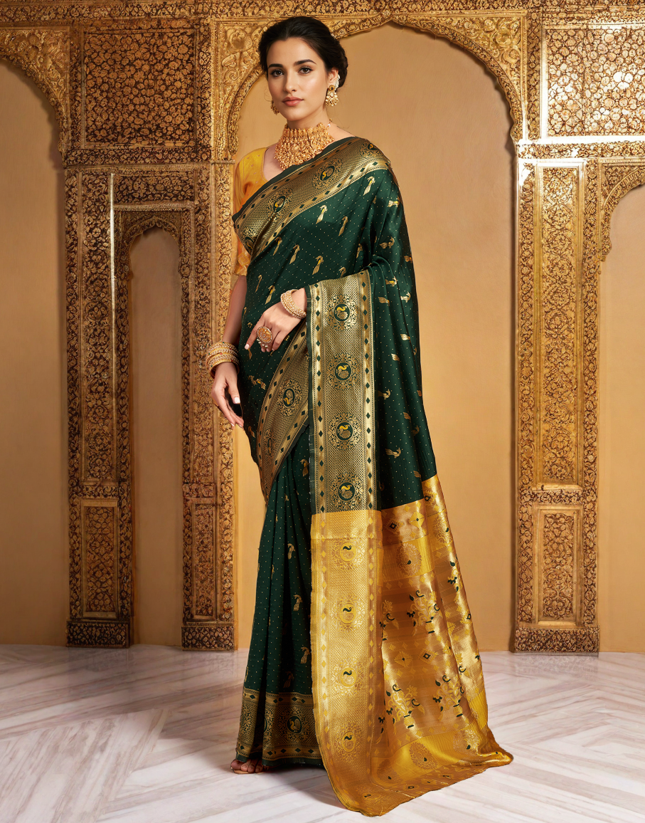 Traditional Green Paithani Silk Saree With Zari Weaving Work