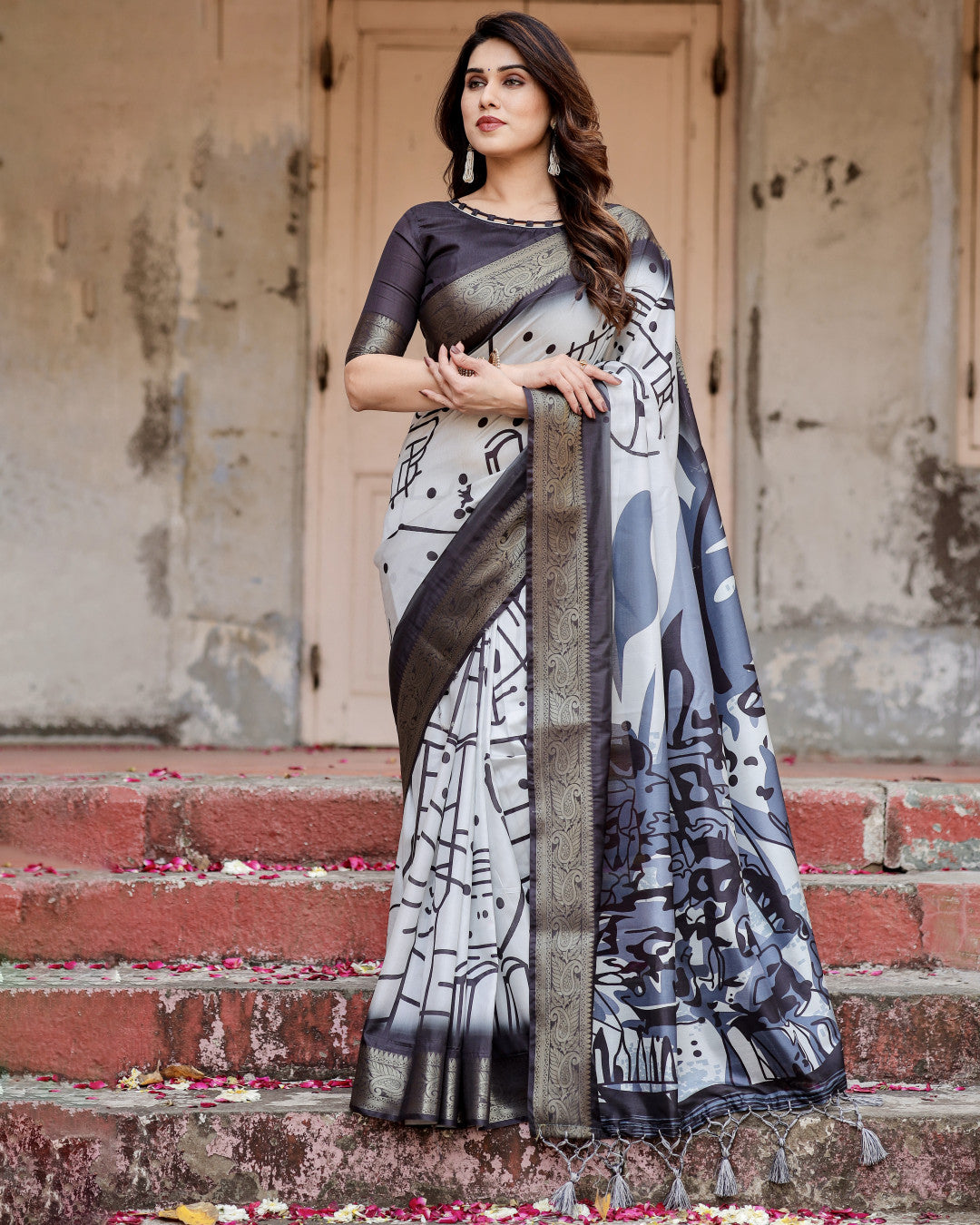 Multi Color Digital Printed Tussar Silk Saree With Zari Motif Border | Designer Festive Ethnic Wear – JaipurSaaj