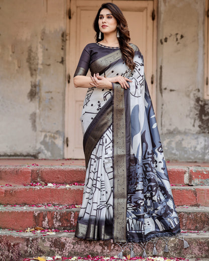Multi Color Digital Printed Tussar Silk Saree With Zari Motif Border | Designer Festive Ethnic Wear – JaipurSaaj