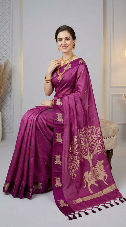 Rani Pink Khadi Raw Silk Saree With Zari Weaving Cow Pallu & Border | Traditional Festive Wear – JaipurSaaj
