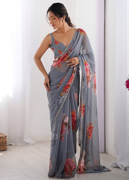 Gray Georgette Saree With Printed Work And Moti Border