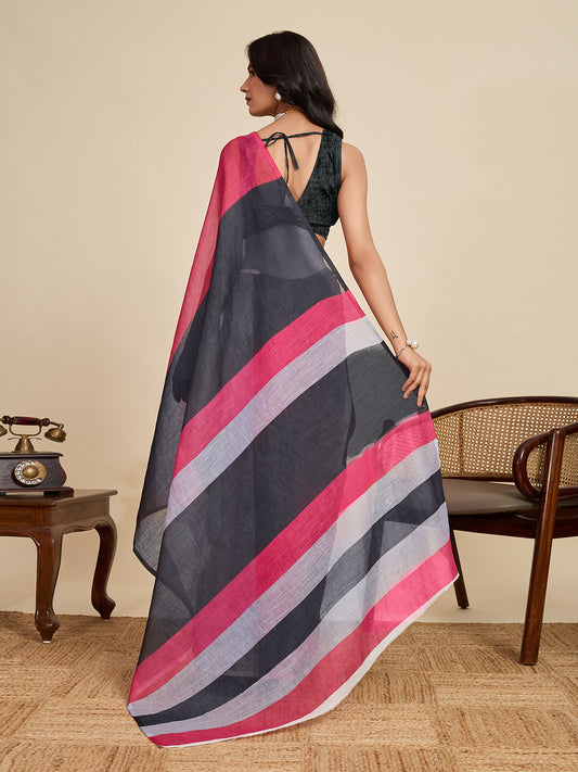 Multi Linen Cotton Saree With Digital Printed Work And Silver Zari Border