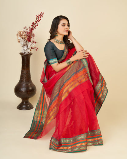 Red Color Doriya Cotton Saree With Woven Design