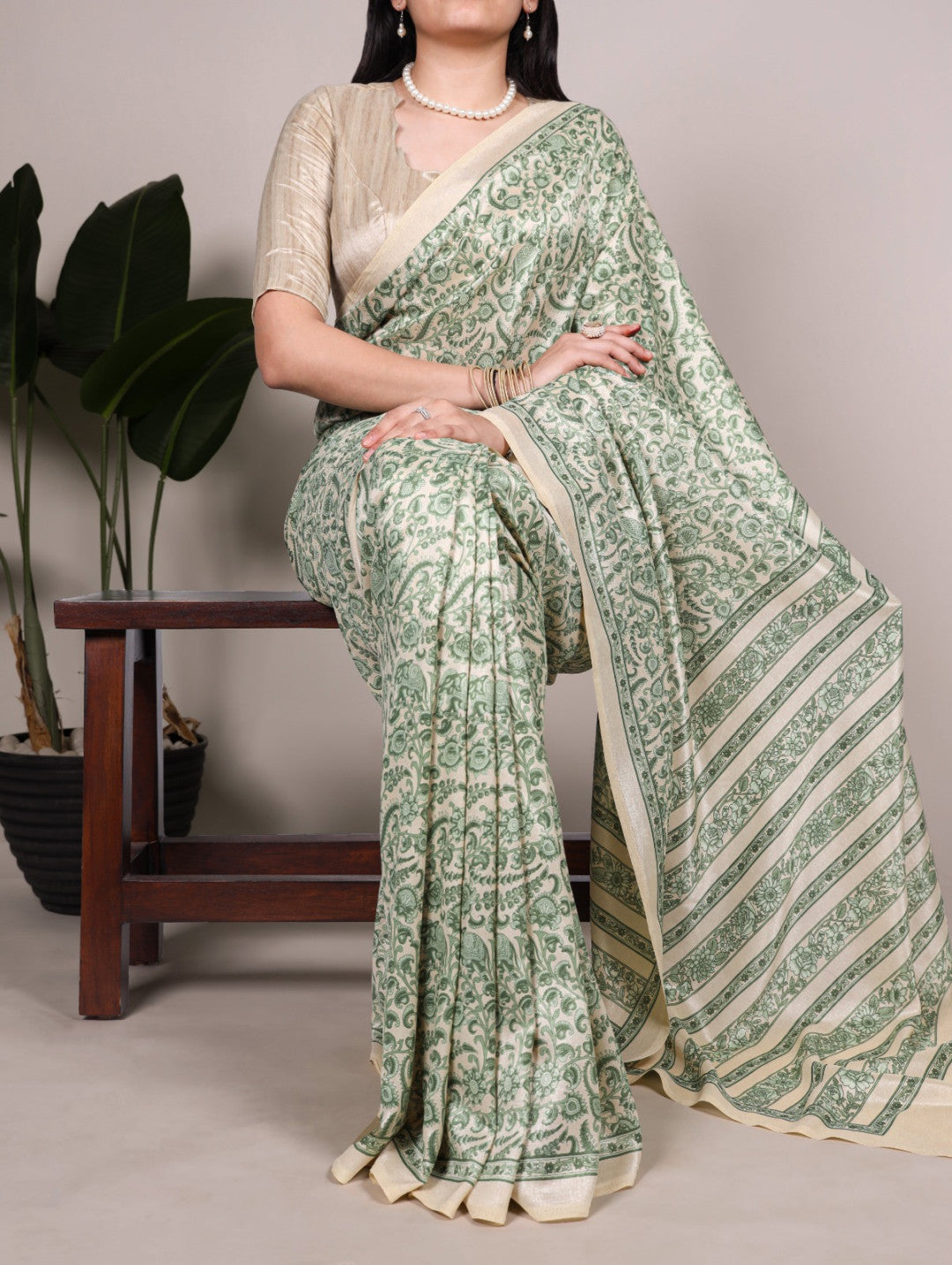 Pista Green Tussar Silk Saree With Graceful Printed Work | Festive Ethnic Wear – JaipurSaaj