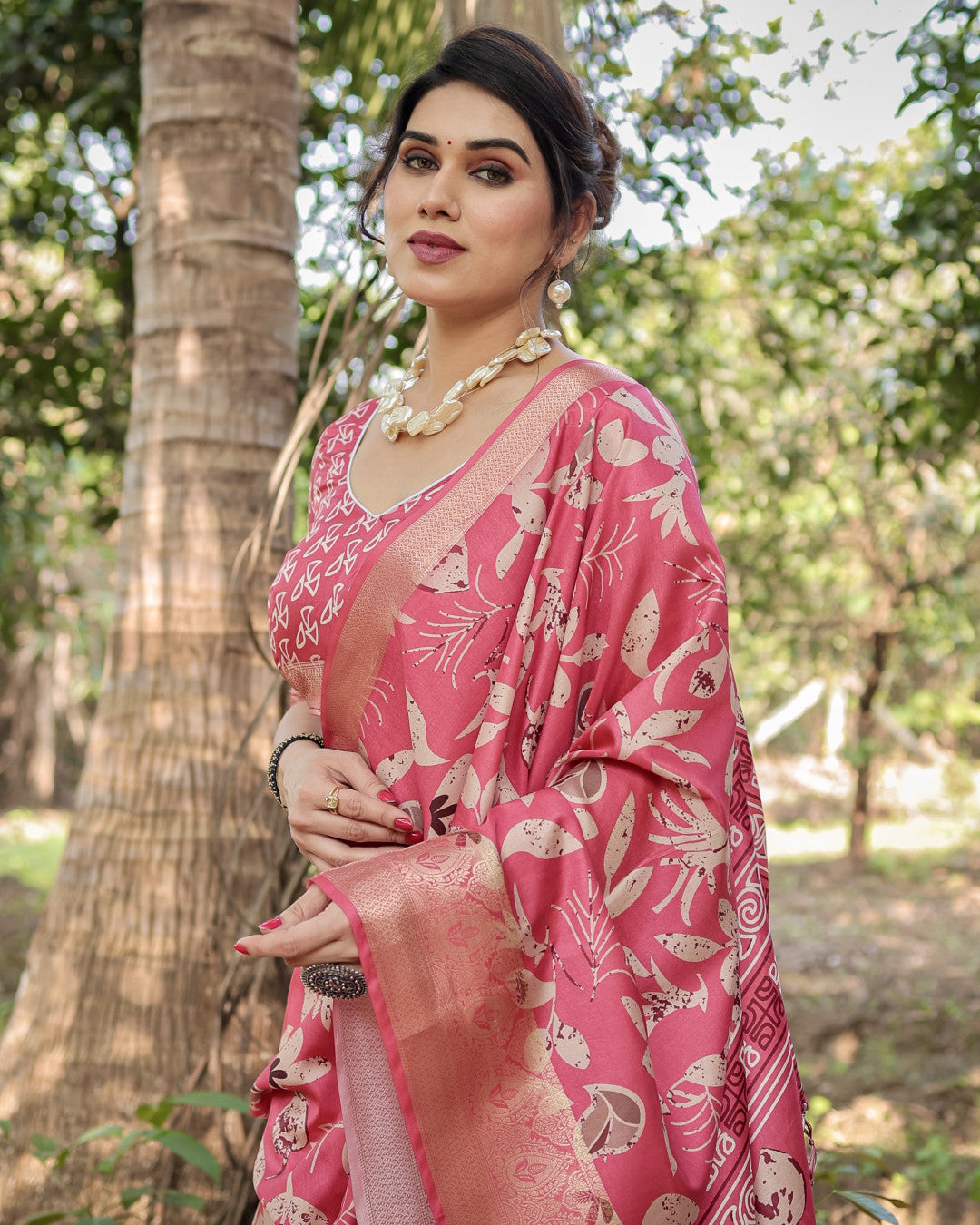 Pink Tussar Silk Saree with Floral Woven Motifs & Zari Border | Traditional Festive Wear – JaipurSaaj