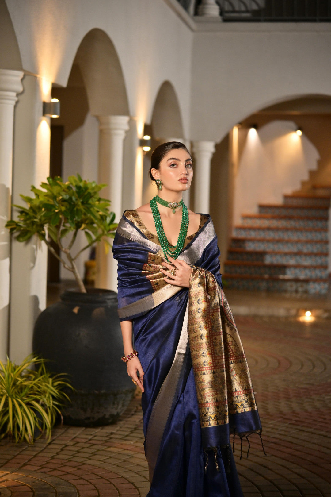 Navy Blue Khadi Raw Silk Saree With Beautiful Madhubani Printed Pallu | Party & Wedding Wear – JaipurSaaj