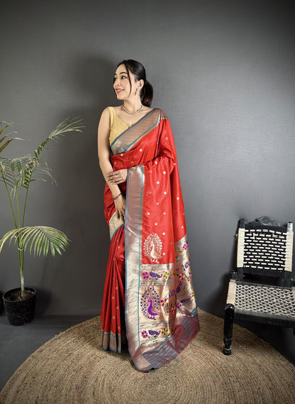Red Premium Paithani Lichi Silk Saree With Zari Weaving Work | Festive & Wedding Wear – JaipurSaaj