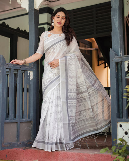 White Summer Special Digital Printed Linen Cotton Saree