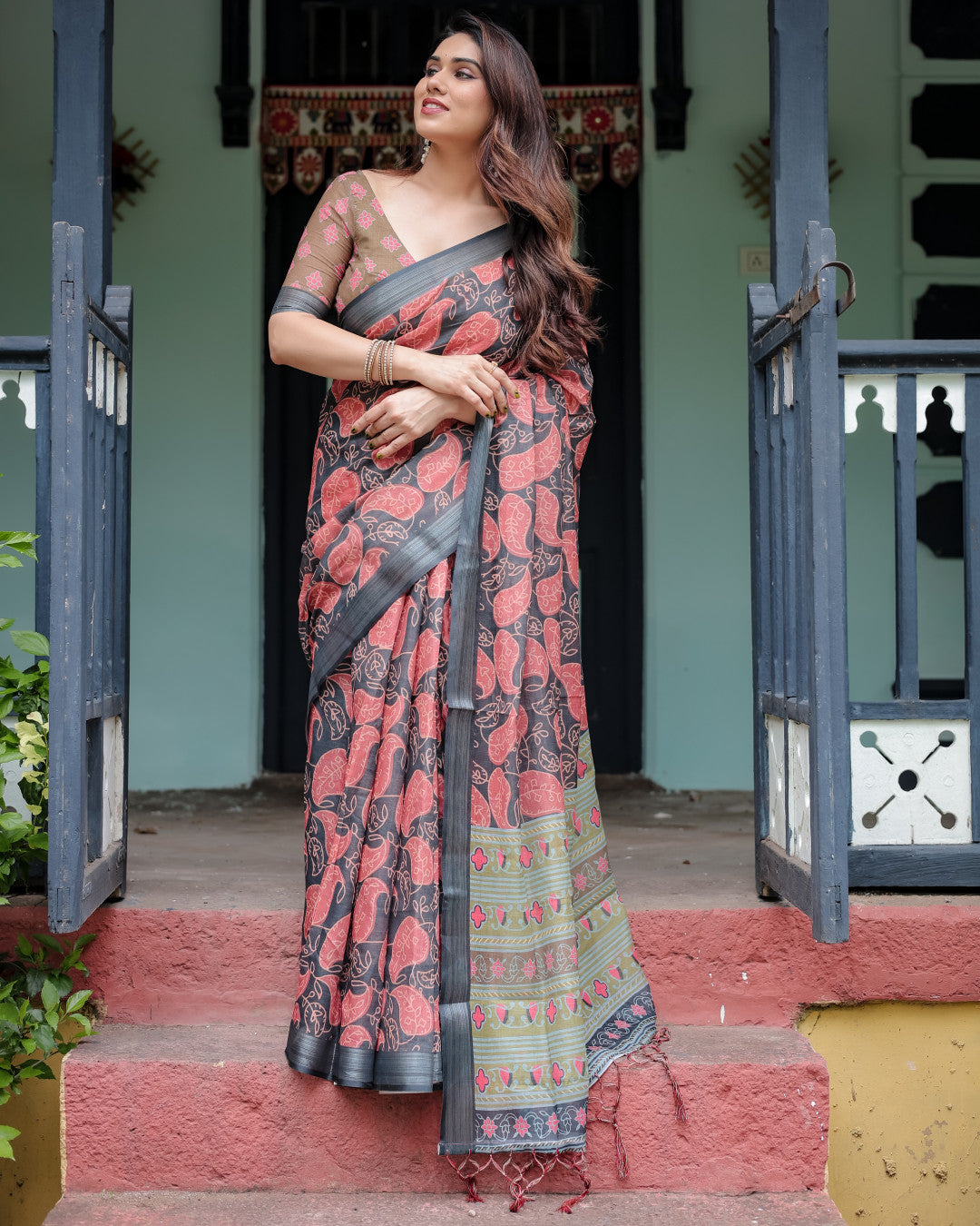 Multi Floral Digital Printed Linen Cotton Saree