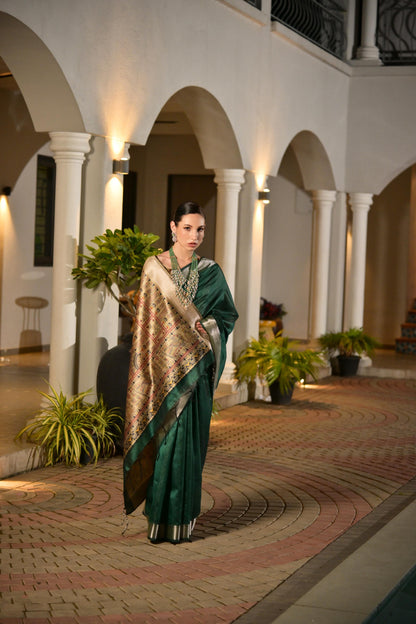 Dark Green Khadi Raw Silk Saree With Beautiful Madhubani Printed Pallu | Party & Wedding Wear – JaipurSaaj