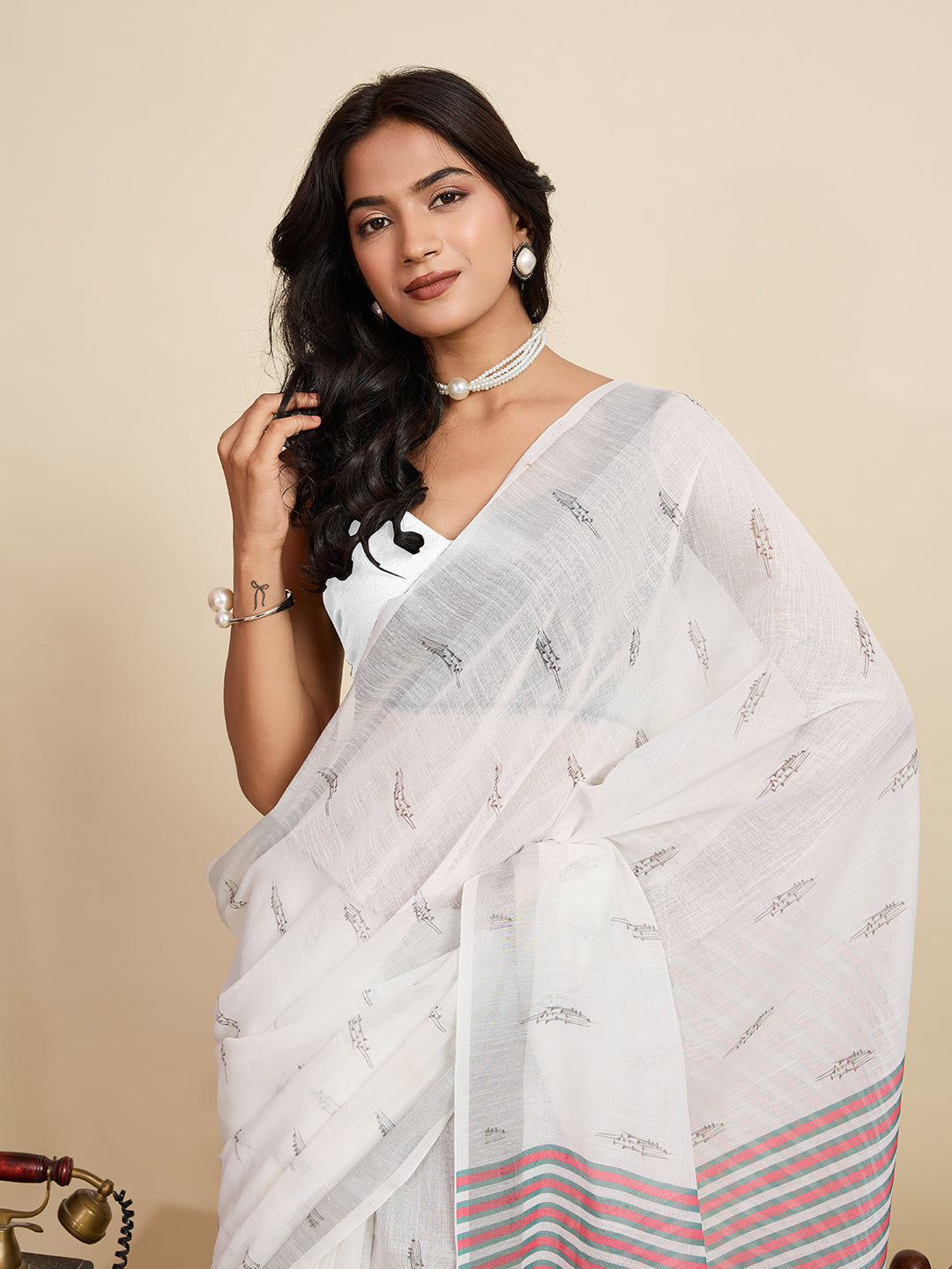 White Linen Cotton Saree With Digital Printed Work And Silver Zari Border