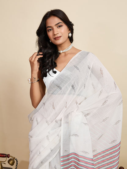 White Linen Cotton Saree With Digital Printed Work And Silver Zari Border