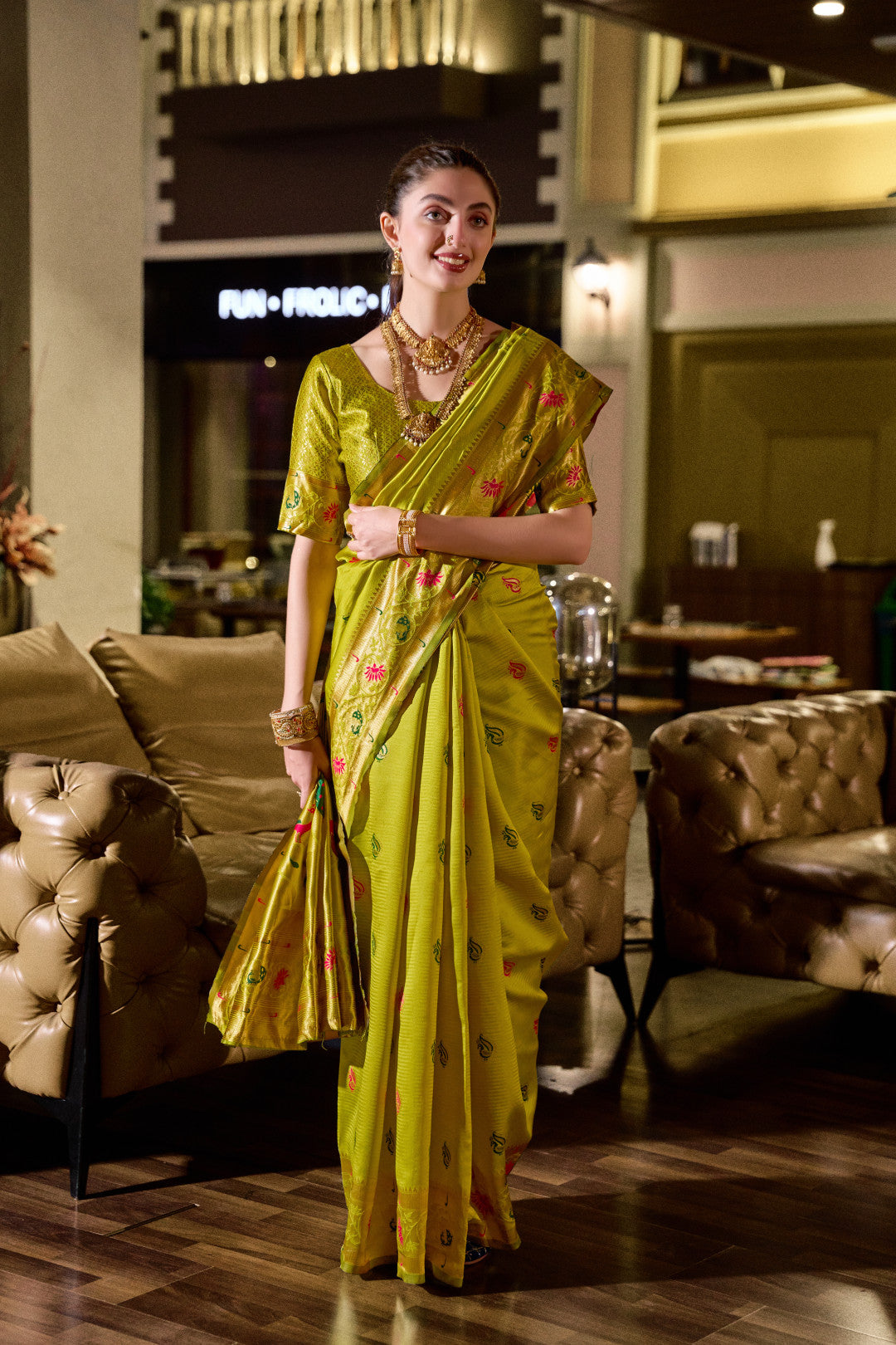 Traditional Parrot Green Paithani Silk Saree With Zari Weaving Work