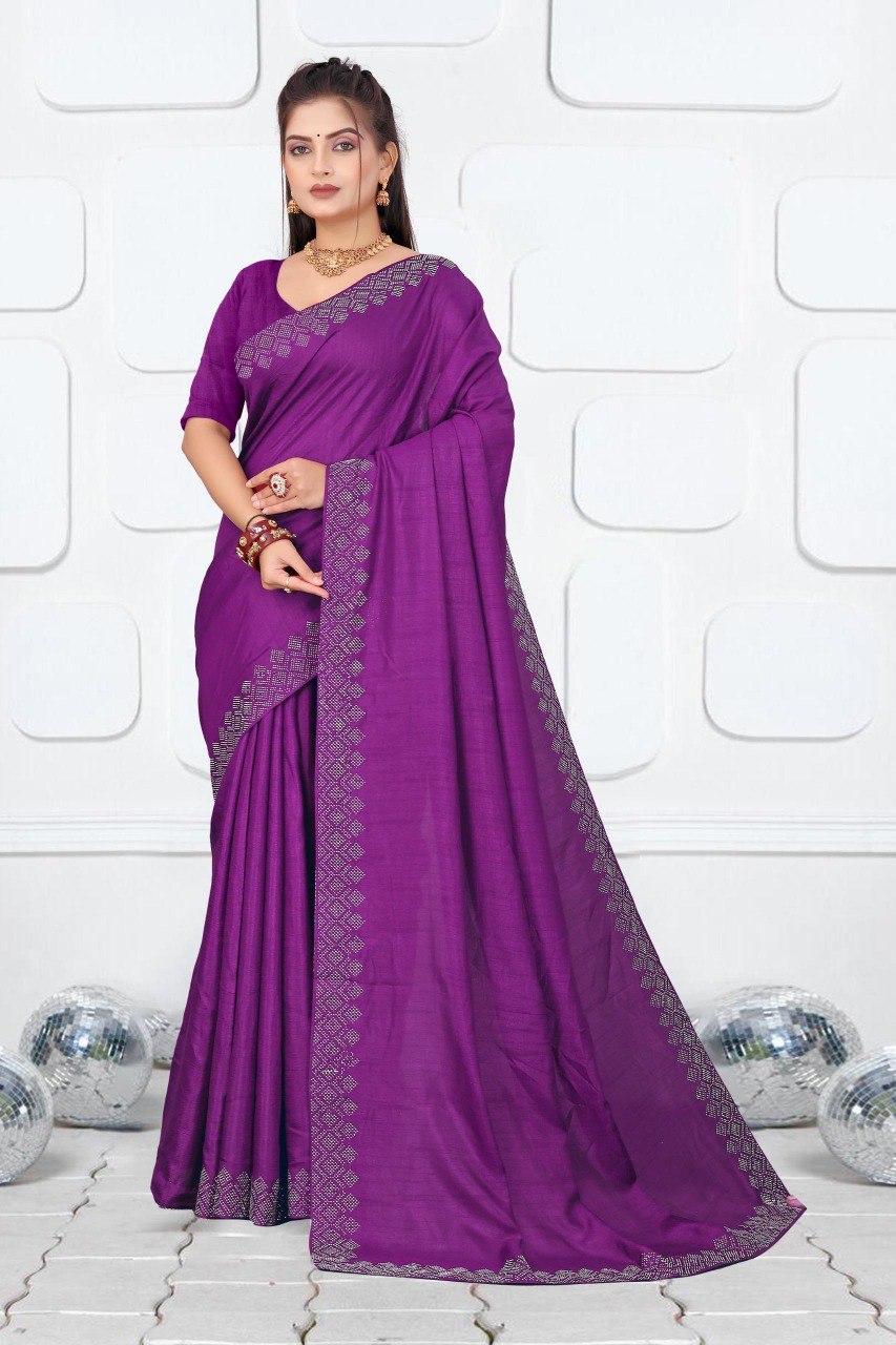 Purple Dola Silk Saree With Siroski Work Border