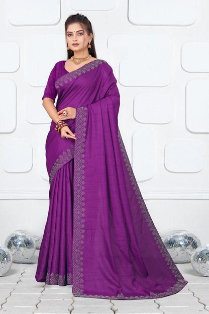 Purple Dola Silk Saree With Siroski Work Border