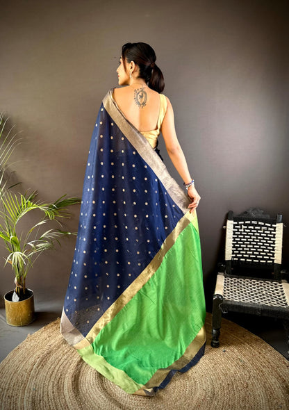 Navy Blue Soft Cotton Silk Saree With Zari Woven Work | Wedding & Party Wear – JaipurSaaj