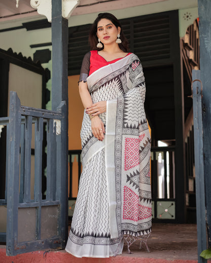 White Summer Special Digital Printed Linen Cotton Saree