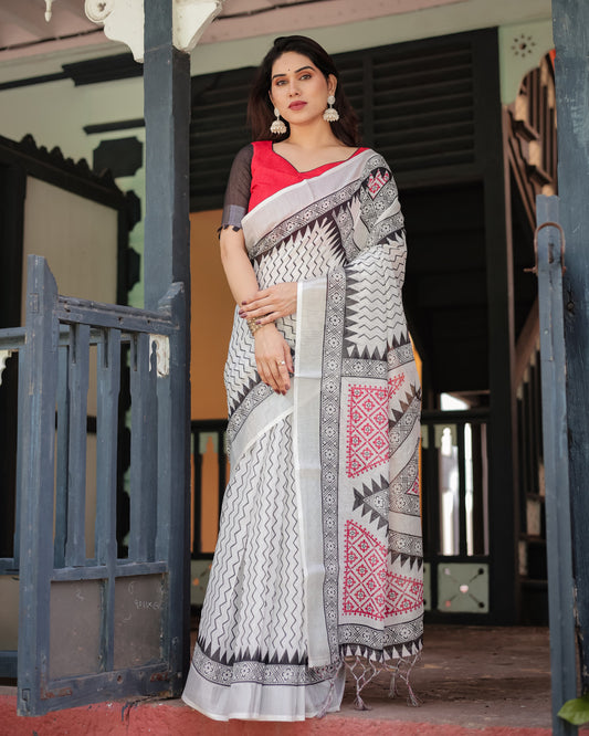 White Summer Special Digital Printed Linen Cotton Saree