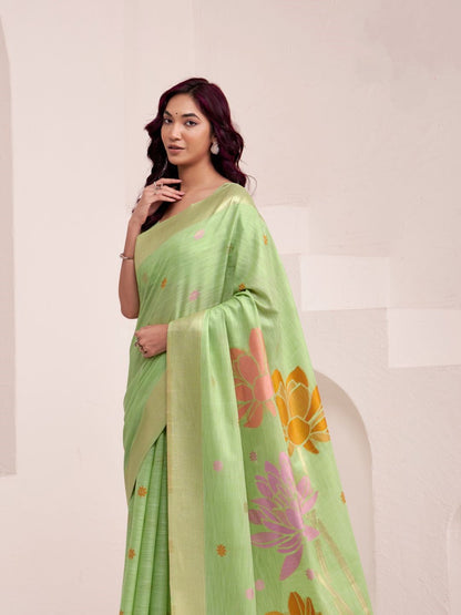 Pista Green Soft Linen Silk Saree with Jacquard Weaving Pallu | Elegant Party, Office & Ethnic Wear – JaipurSaaj