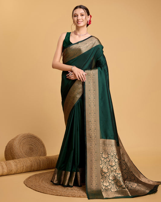 Dark Green Soft Kanchipuram Silk Saree With Zari Weaving Work
