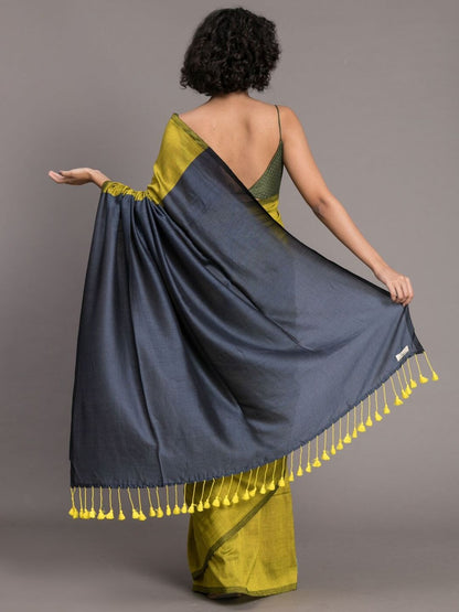 Parrot Green Color Plain Khadi Cotton Saree With Fancy Tassel Work