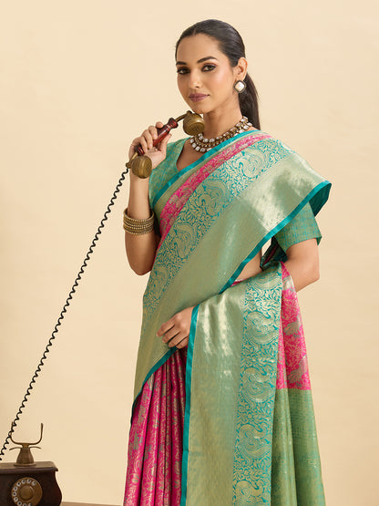 Pink Kanjivaram Silk Saree with Zari Weaving Work & Big Border | Bridal Wedding Wear – JaipurSaaj