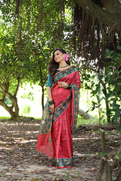 Pink Peacock Digital Printed Tussar Silk Saree | Traditional Festive Ethnic Wear – JaipurSaaj