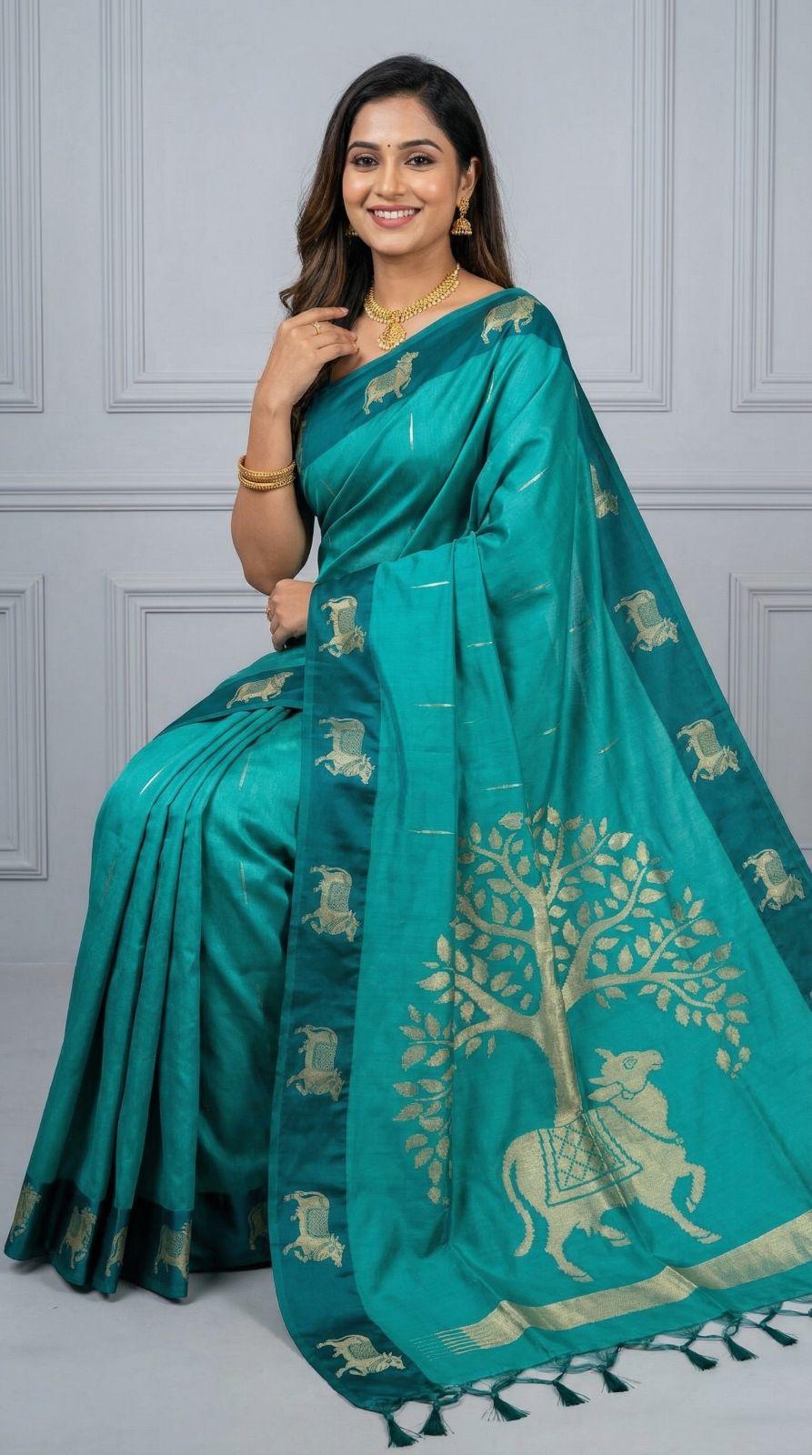Rama Green Khadi Raw Silk Saree With Zari Weaving Cow Pallu & Border | Traditional Festive Wear – JaipurSaaj